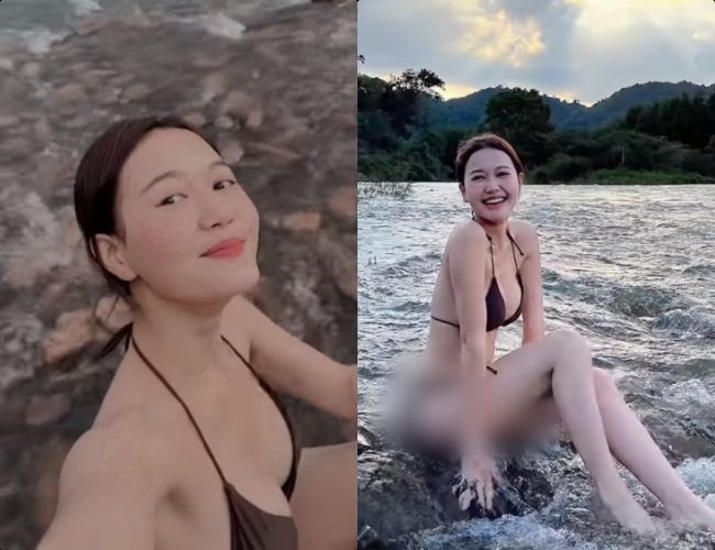 Mới đây, trên trang Facebook cá nhân, hot girl Nhung Gumiho đăng tải clip dài 22 giây ghi lại hậu trường diện bikini, chụp ảnh tắm suối "gây sốt mạng xã hội". 
