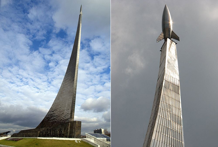 1. Đài tưởng niệm không gian và du hành vũ trụ ở Moscow là một công trình kiến trúc ngoạn mục, có quy mô lớn. Nó cao 107m, nghiêng 77 độ và được làm bằng titan.
