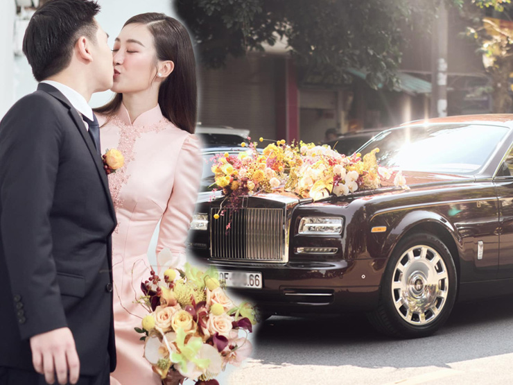 Đời sống Showbiz - Đám cưới HH Đỗ Mỹ Linh và Chủ tịch CLB HN FC: Siêu xe dẫn đầu, cô dâu chú rể &quot;khóa môi&quot; ngọt ngào