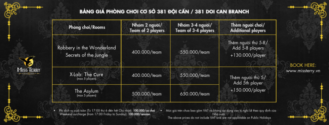 Bảng giá phòng chơi tham khảo tại Miss Terry. Ảnh: Miss Terry.