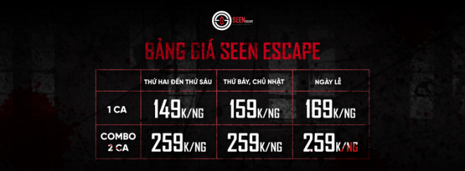 Bảng giá theo đầu người tại Seen Escape. Ảnh: Seen Escape