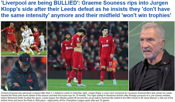 "Liverpool đang bị đối thủ bắt nạt" là câu mở đầu tiêu đề bài viết trên tờ Daily Mail