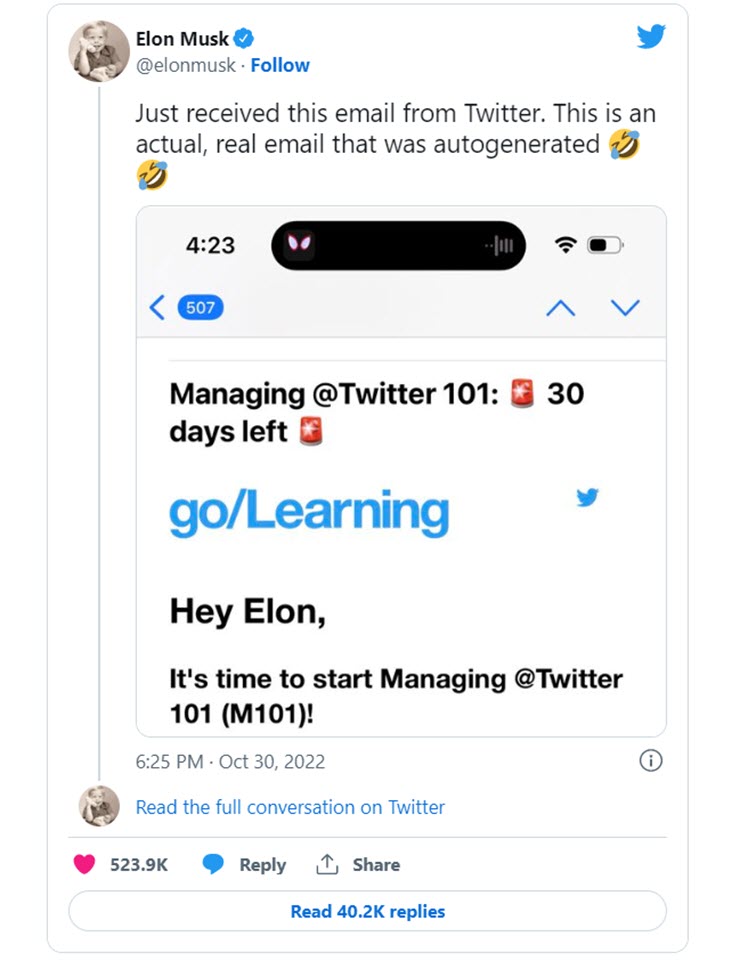 Twitter gửi email yêu cầu Elon Musk học quản lý công ty.