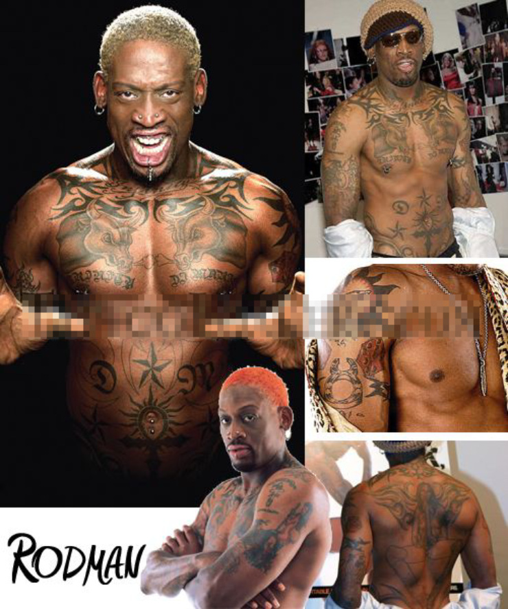 2. Dennis Rodman (Mỹ), cao 2m01, 61 tuổi. Cựu cầu thủ người Mỹ là một huyền thoại NBA, có sở thích xăm hình, ông nổi tiếng là tài năng nhưng cũng rất tai tiếng vì phong lưu.