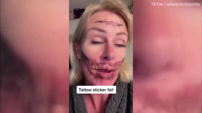 Clip: Người phụ nữ “khóc thét” với hình xăm bộ xương trên mặt