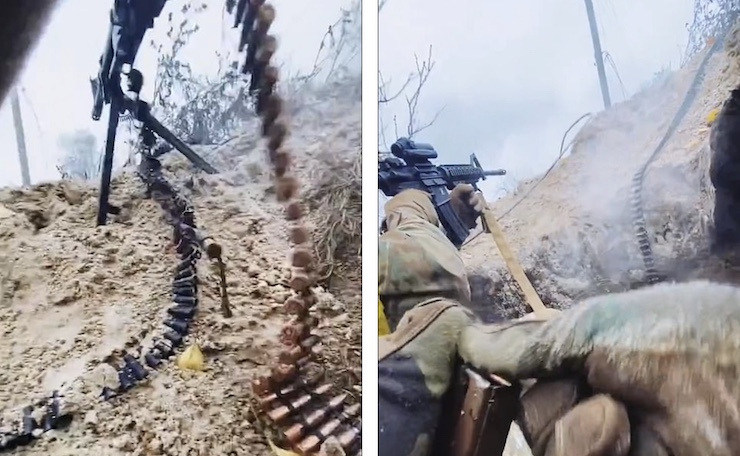Binh sĩ Ukraine chiến đấu ở tiền tuyến bằng súng máy, súng trường.
