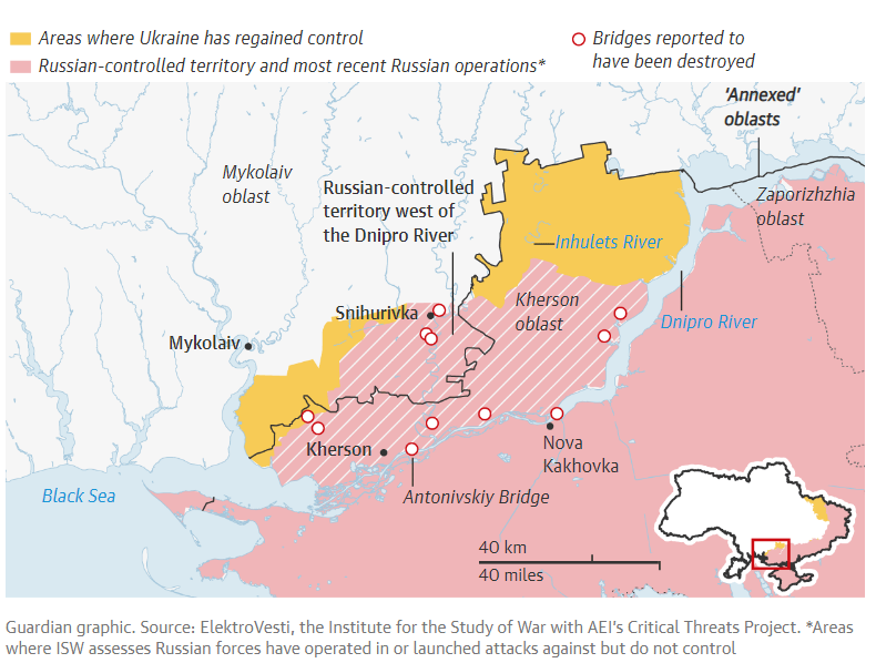 Bản đồ chiến sự cho thấy sông Dnepr chia tỉnh Kherson thành 2 khu vực phía đông và phía tây (ảnh: CNN)