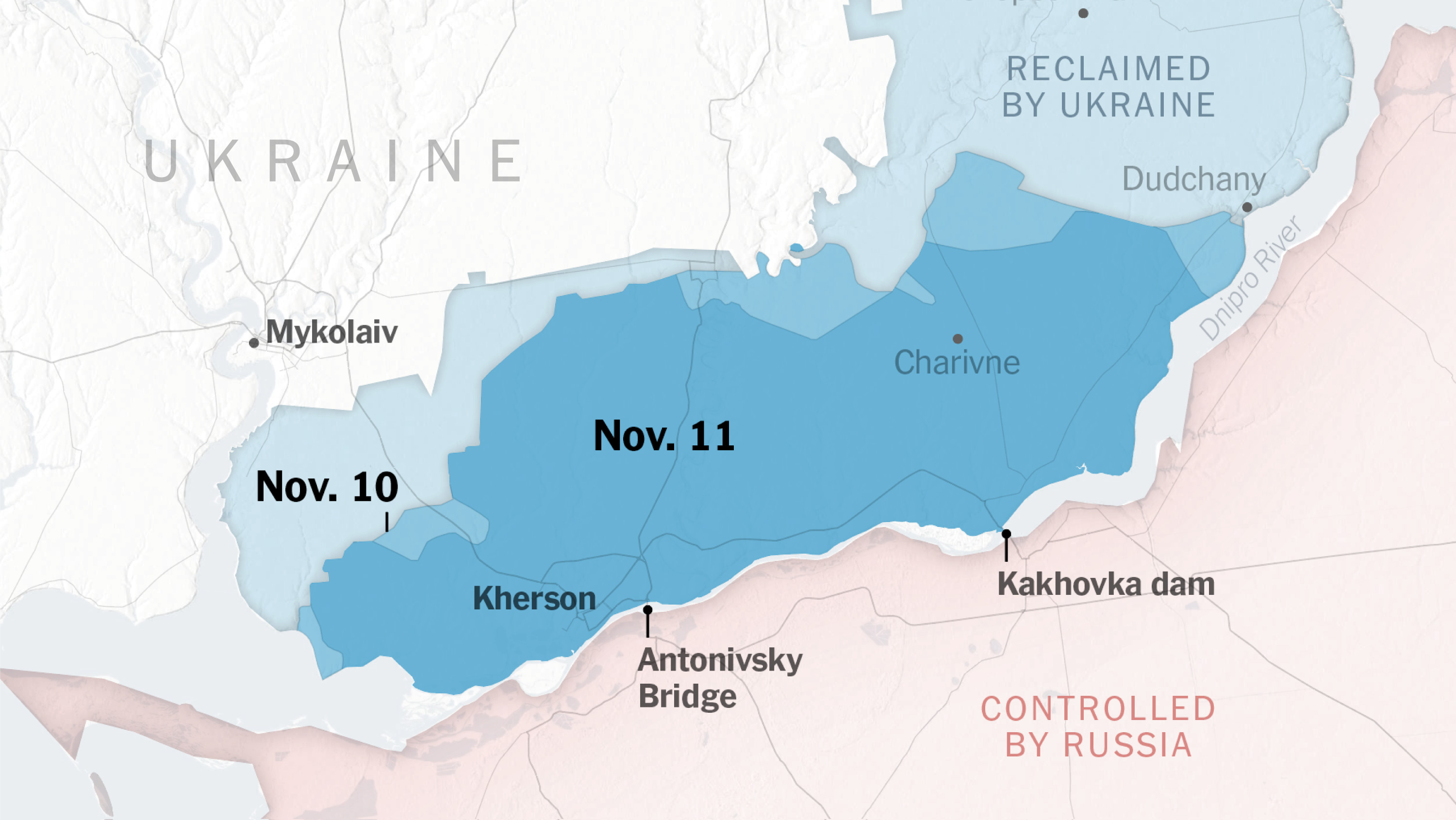 Vùng màu xanh đậm là nơi quân đội Nga rút lui vào ngày 11/11.