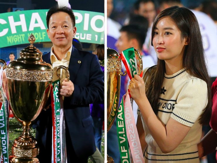 Bầu Hiển, Hoa hậu Đỗ Mỹ Linh vui mừng nâng cúp vô địch V-League