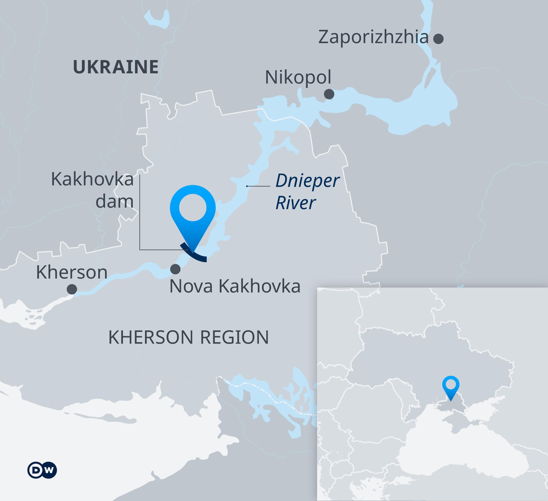 Thành phố Nova Kakhovka trên bản đồ (ảnh: DW)