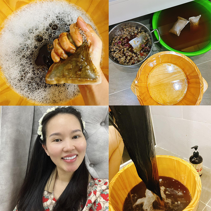 Chị Thảo nấu bồ kết, vỏ bưởi, mần trầu, nha đam để gội đầu.