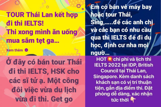 Nhiều thí sinh và phụ huynh tìm kiếm các "tour du lịch kết hợp thi IELTS" tại Thái Lan, Singapore... trên các trang mạng xã hội.