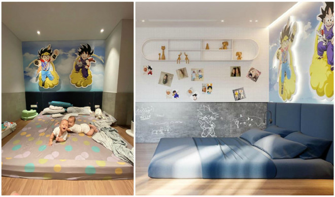 Phòng của hai bé nhà Thành Trung được trang
trí với hai hình ảnh của Goku và Daino - hai nhân vật truyện tranh
nổi tiếng và cũng là tên thân mật của hai bé nhà nam MC