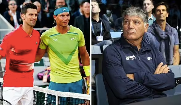 Toni (phải) lo lắng cho Djokovic (áo đỏ) và cháu trai Nadal (áo xanh)
