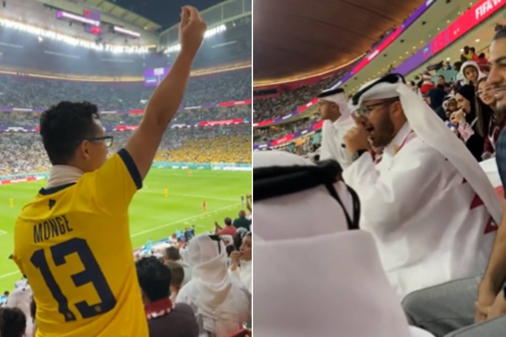 Cổ động viên Ecuador làm động tác chế giễu khiến người hâm mộ Qatar tức giận.