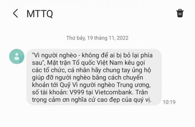 Bà Trương Thị Ngọc Ánh, Phó chủ tịch Ủy ban Trung ương MTTQ Việt Nam, khẳng định tin nhắn này là tin nhắn chính thống, do Bộ Thông tin và Truyền thông thực hiện để kêu gọi ủng hộ Quỹ "Vì người nghèo" năm 2022