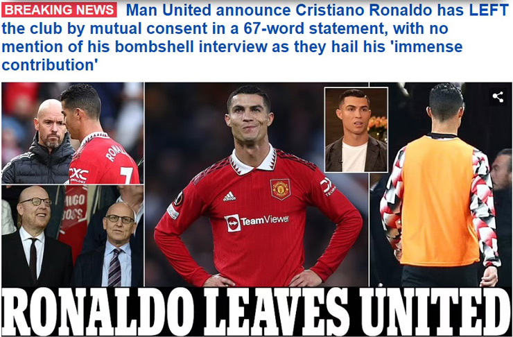 Daily Mail chỉ ra MU dùng đúng 67 chữ để chia tay Ronaldo