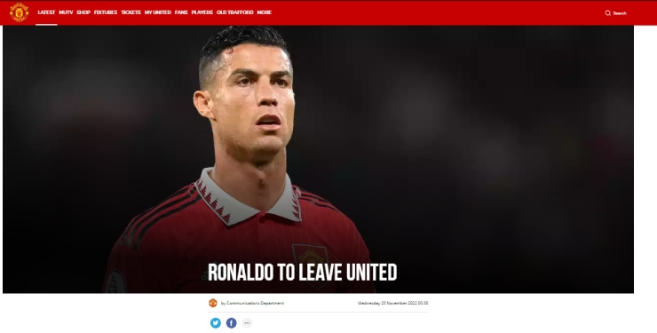 MU thông báo chấm dứt hợp đồng trước thời hạn với Ronaldo
