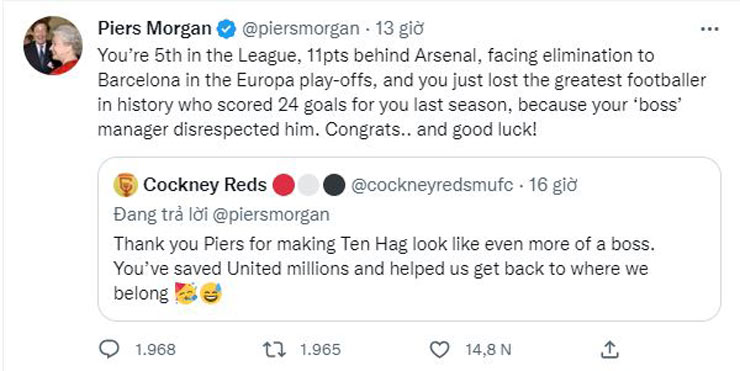 MU cắt hợp đồng Ronaldo, nhà báo Piers Morgan châm chọc “Quỷ đỏ” - 2