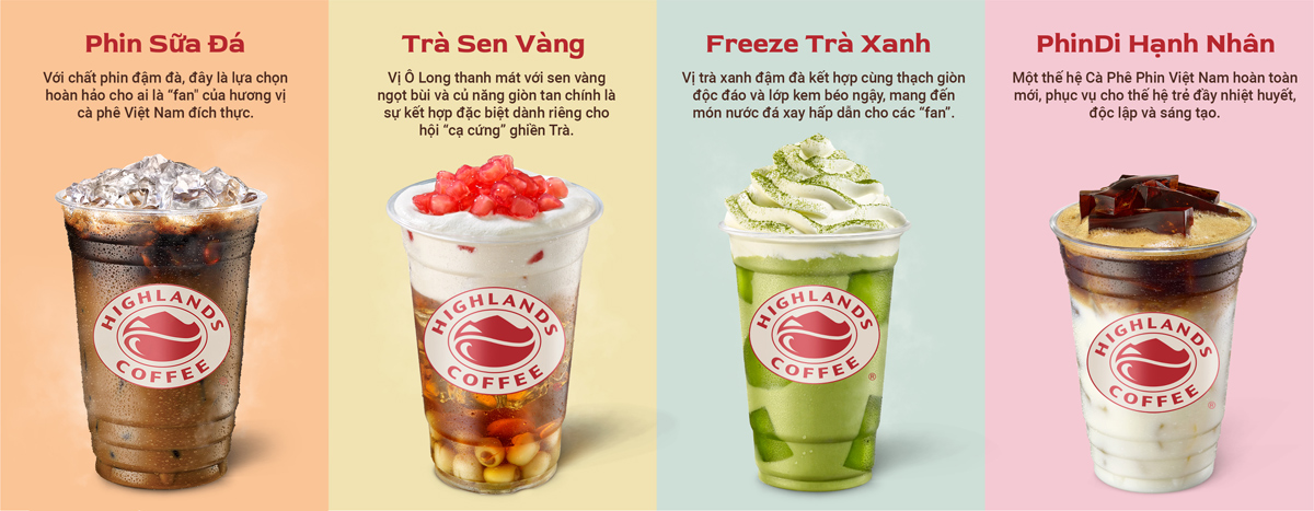 Các sản phẩm đặc trưng của Highlands Coffee cũng bắt đầu được chuyển mình với logo mới