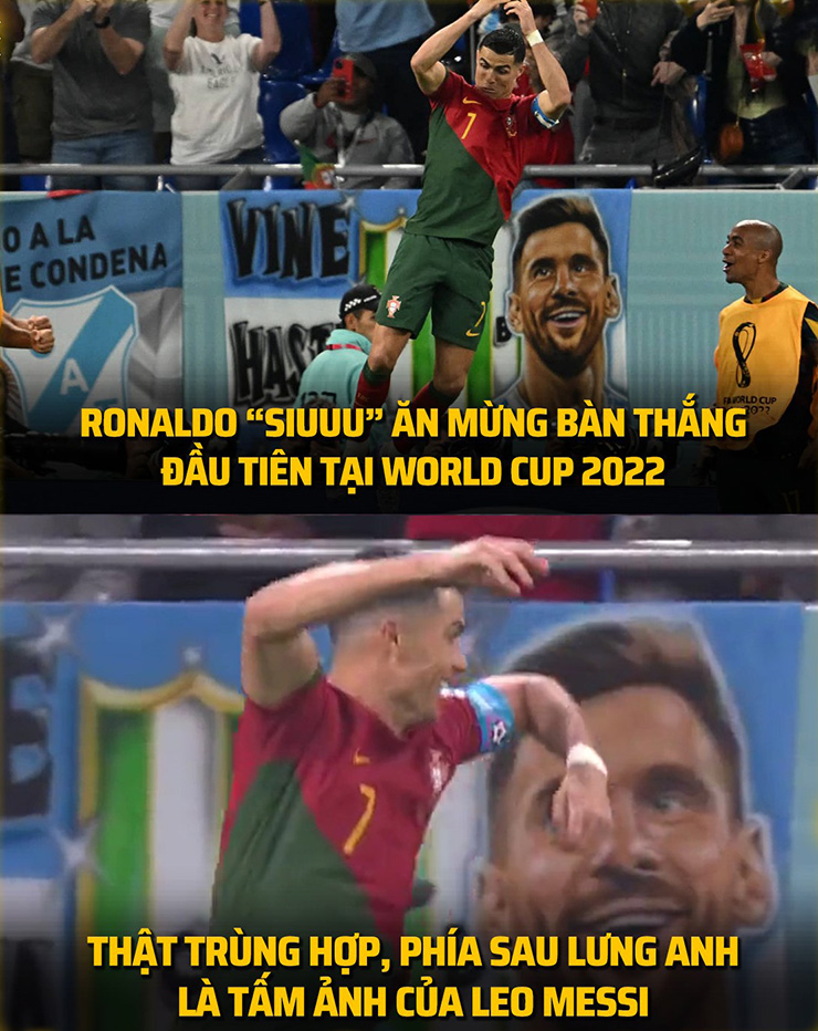 Ronaldo ghi bàn, Messi cười tươi.