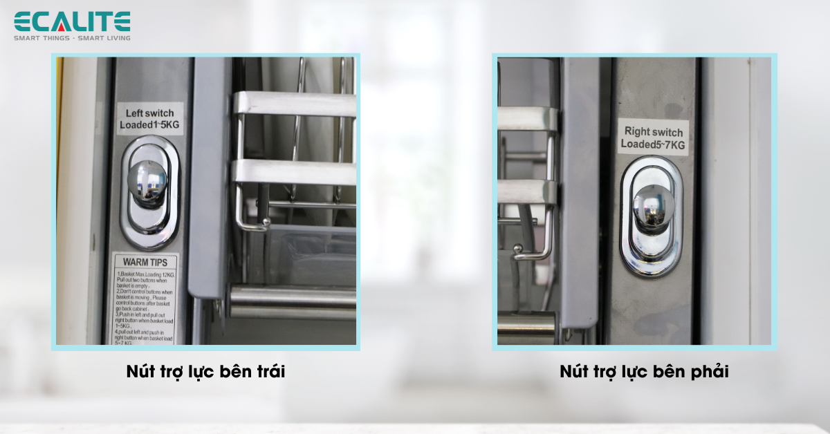 Kệ chén đĩa nâng hạ Ecalite trang bị 2 nút trợ lực