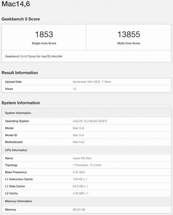 Điểm hiệu năng đáng "gờm" của MacBook Pro chạy chip M2 Max trên GeekBench.