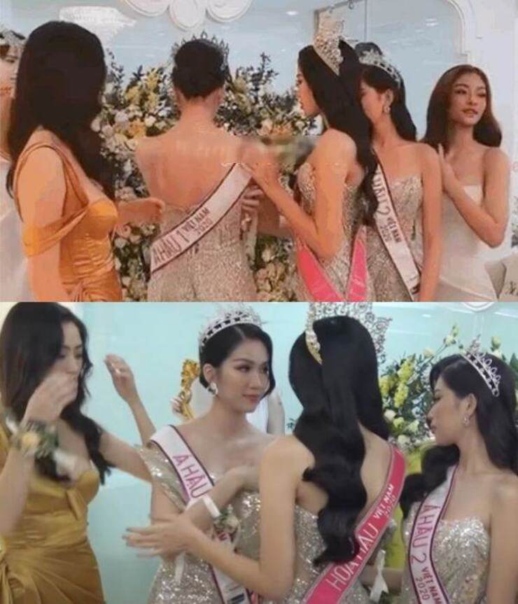 Tương tự như vậy, những nàng hậu của Hoa hậu Việt Nam cũng giúp đỡ á hậu Phương Anh trong lúc chỉnh sửa trang phục.
