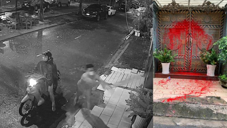 Đối tượng tạt sơn vào cổng nhà người vay tiền ở quận Gò Vấp để “khủng bố” đòi nợ.