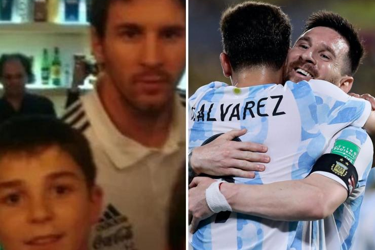 Năm 12 tuổi, Alvarez xin chụp ảnh cùng Messi (ảnh trái) và màn ăn mừng của Alvarez khi thi đấu cùng thần tượng tại đội tuyển Argentina. Ảnh: Twitter