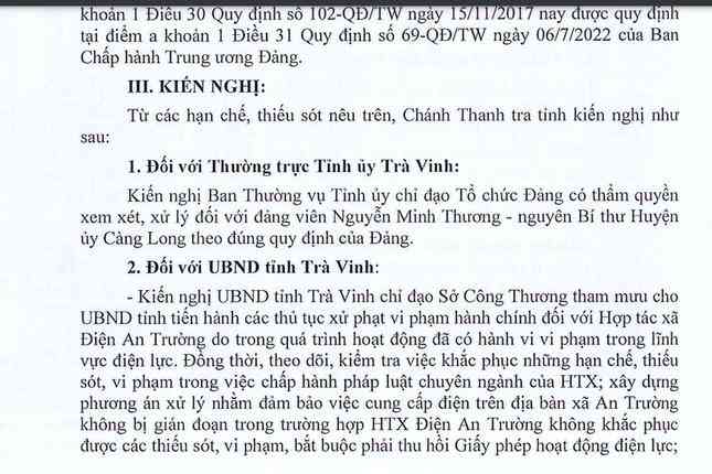 Kiến nghị xử lý của Chánh Thanh tra tỉnh Trà Vinh.