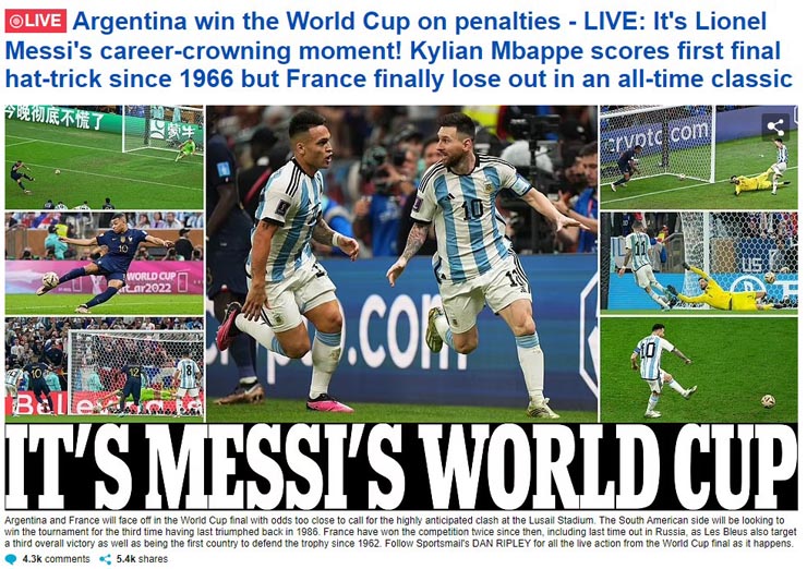 Argentina vô địch World Cup: Báo chí tán tụng Messi trên đỉnh thế giới, nước mắt Mbappe - 4
