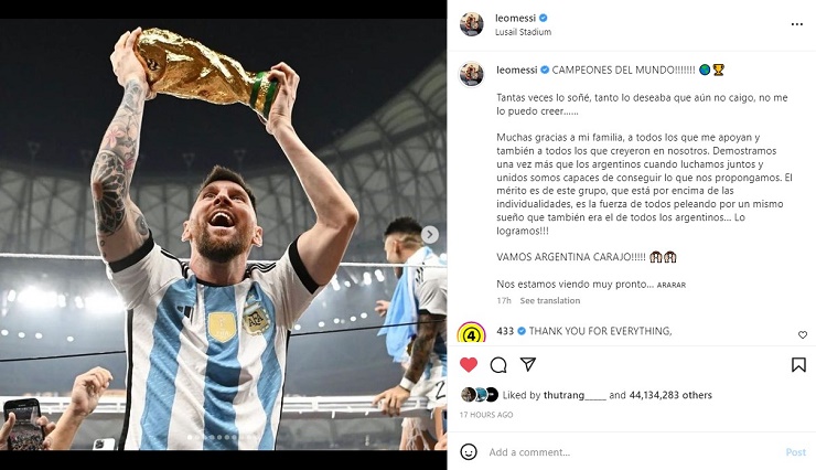 Messi&nbsp;trở thành VĐV thể thao có bài đăng được yêu thích nhất&nbsp;trên Instagram&nbsp;với hơn 44 triệu lượt thích