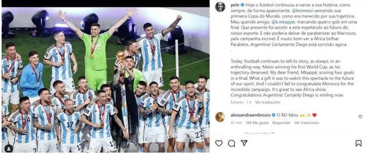 "Vua bóng đá" Pele đăng thông điệp chia vui với Messi và ĐT Argentina