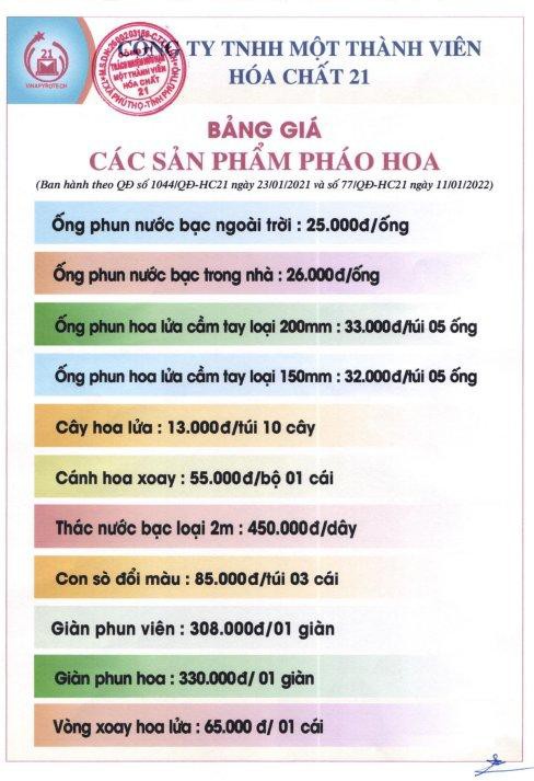 Bảng giá các sản phẩm pháo hoa