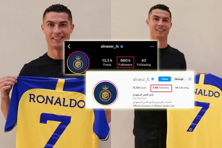 Sự khác biệt về lượt tương tác trên trang Instagram của Al Nassr trước và sau khi chiêu mộ Ronaldo