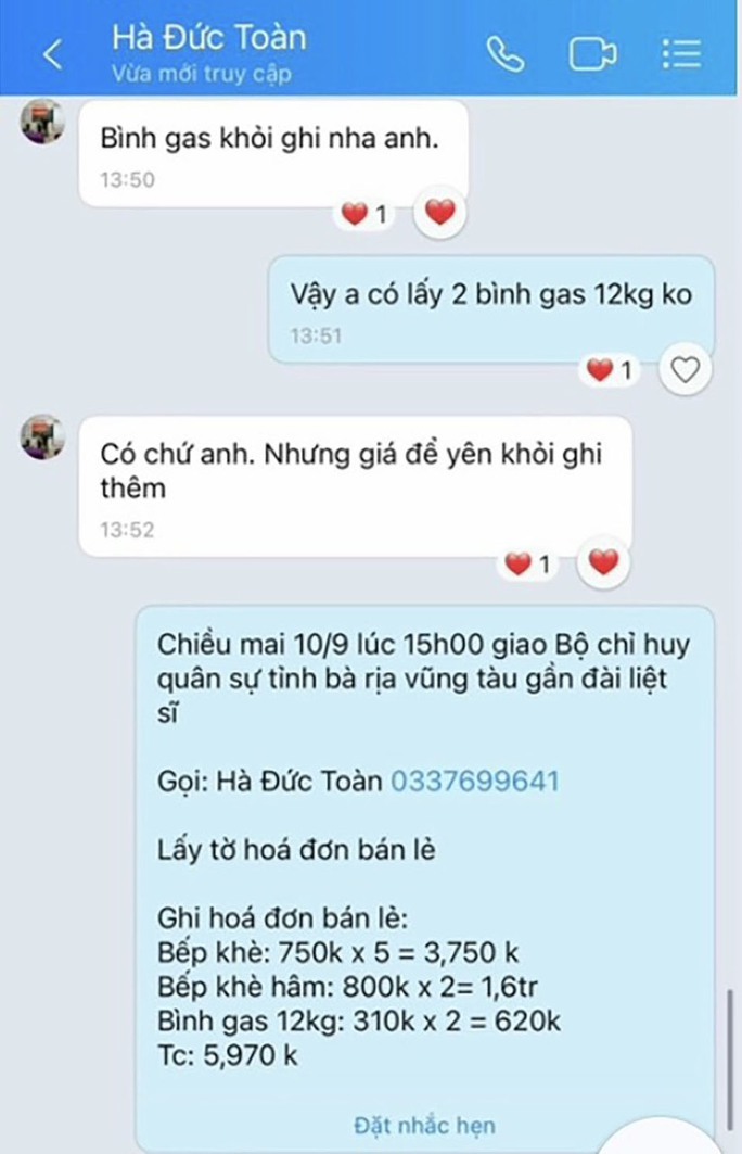 Tin nhắn của đối tượng tự xưng Hà Đức Toàn, công tác tại Bộ CHQS tỉnh BR-VT