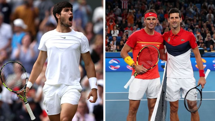 Alcaraz (áo trắng) cân bằng thành tích ấn tượng của Nadal, Djokovic (phải)