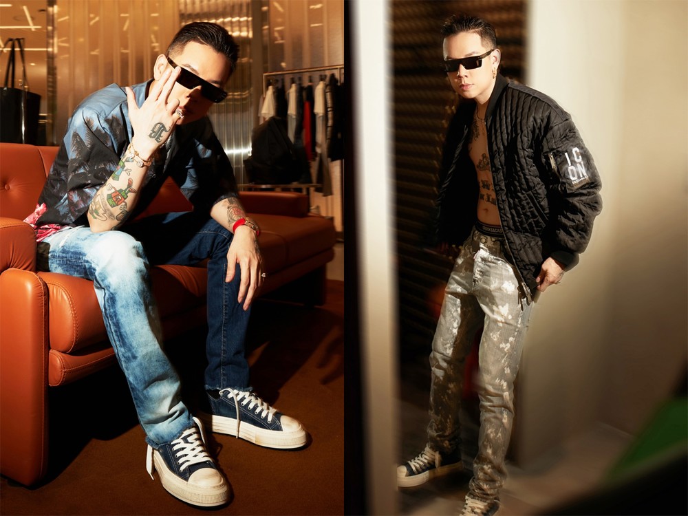 Với vẻ ngoài “chất chơi như tụi Mỹ”, anh Bâus - Andree Right Hand đã tài tình thể hiện sự sáng tạo độc đáo trong cách kết hợp cái tôi nghệ sĩ của mình với tinh thần đặc trưng của DSQUARED2 