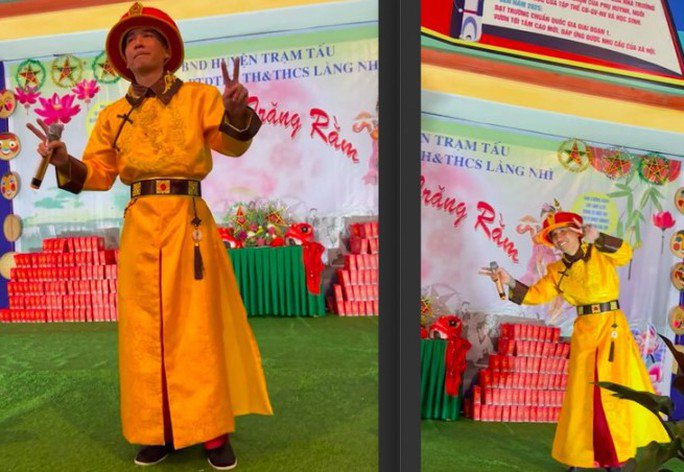 "Giang hồ mạng Phú Lê" mặc đồ như vua chúa nước ngoài thời phong kiến hát hò trong trường học. Ảnh: Facebook