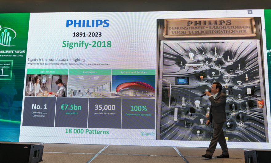 Ông Ngô Tấn Cang, Giám đốc phòng thiết kế và giải pháp chiếu sáng, Signify Việt Nam chia sẻ về giải pháp chiếu sáng thông minh tại Tuần lễ Công trình Xanh