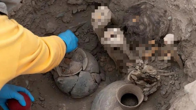 Một xác ướp chôn cạnh các bình gốm đang được khai quật ở TP Lima - Ảnh: Cris Bouroncle