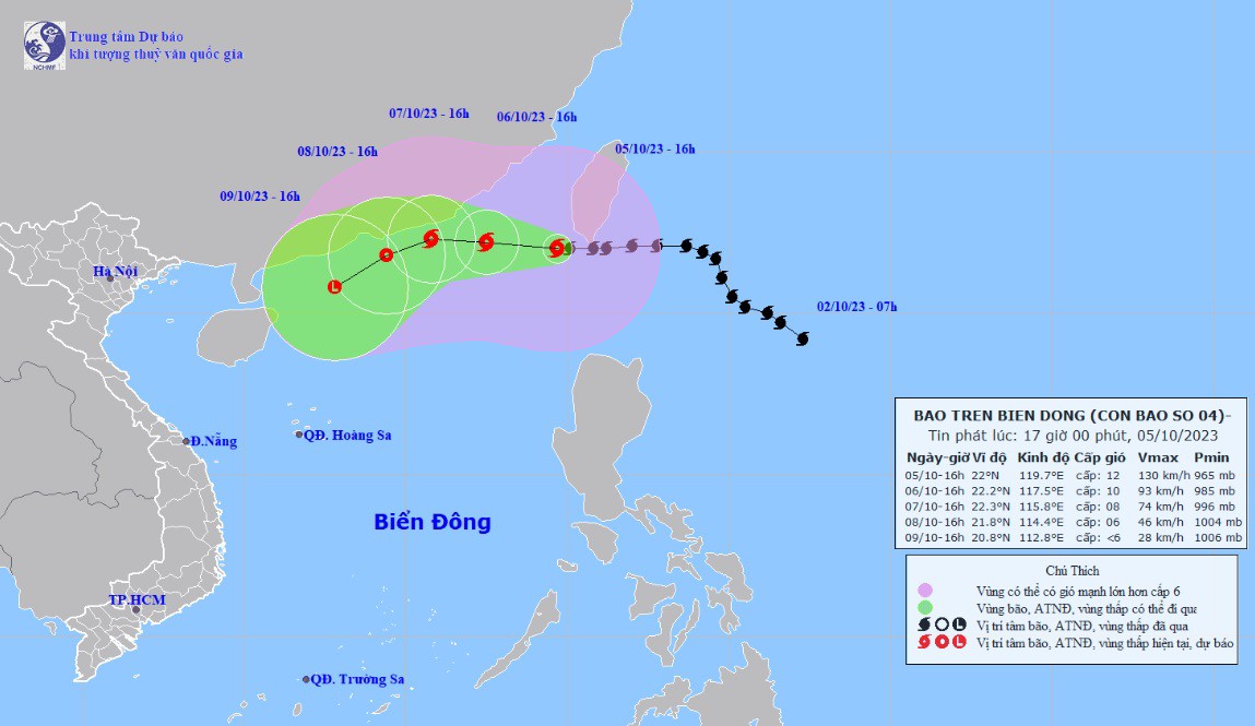 Vị trí và hướng di chuyển tiếp theo của bão số 4 Koinu (Ảnh: Trung tâm Dự báo KTTVQG)