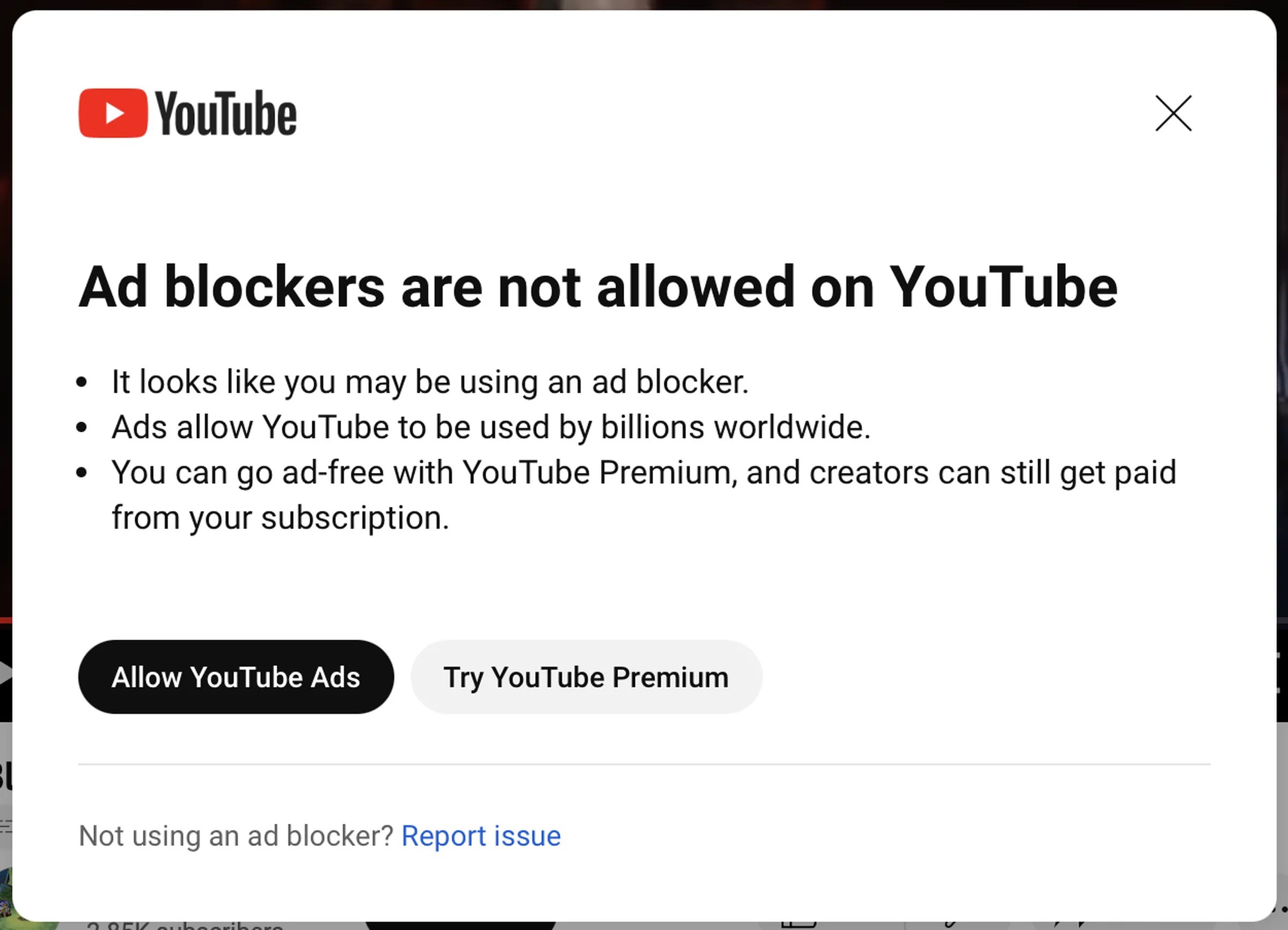 YouTube hiển thị lời nhắc yêu cầu người dùng cho phép quảng cáo. Ảnh: TIỂU MINH