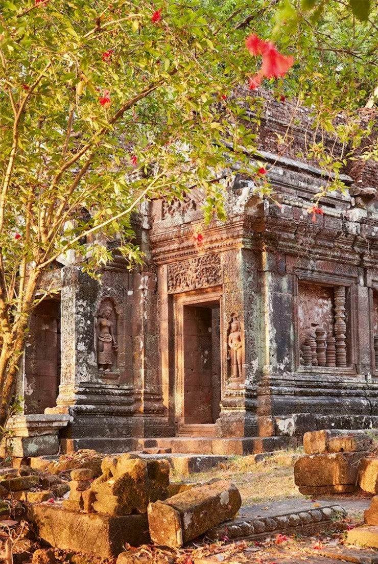 Tại Wat Phu, ngay bên ngoài cánh đồng được sông Mekong nuôi dưỡng, có những ngôi đền bằng đá được trang trí đẹp mắt, nơi có các vị thần, nơi du khách dâng hoa sứ.