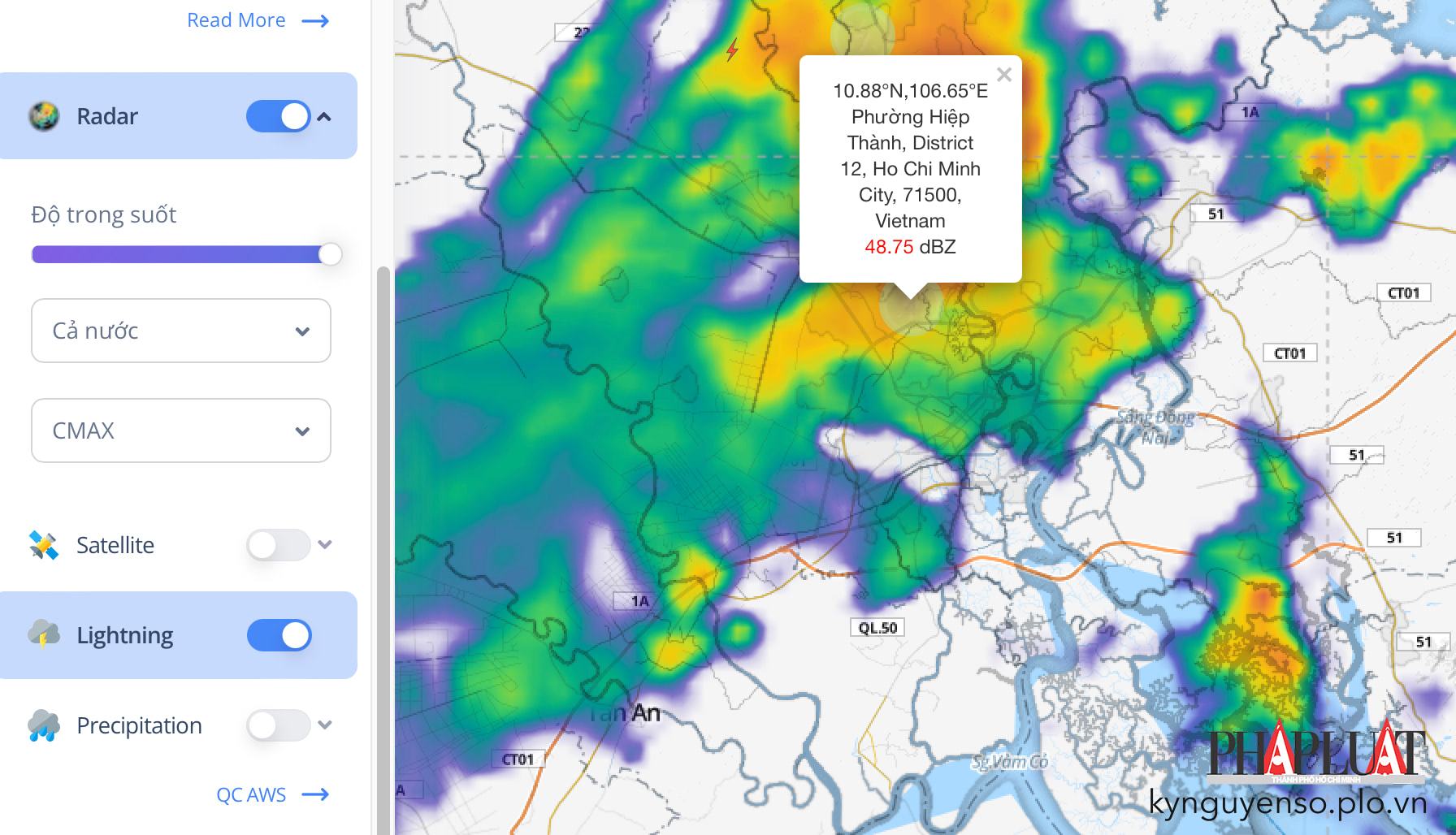 Bật mục Lightning trên iweather để kiểm tra các khu vực có giông sét. Ảnh: MINH HOÀNG
