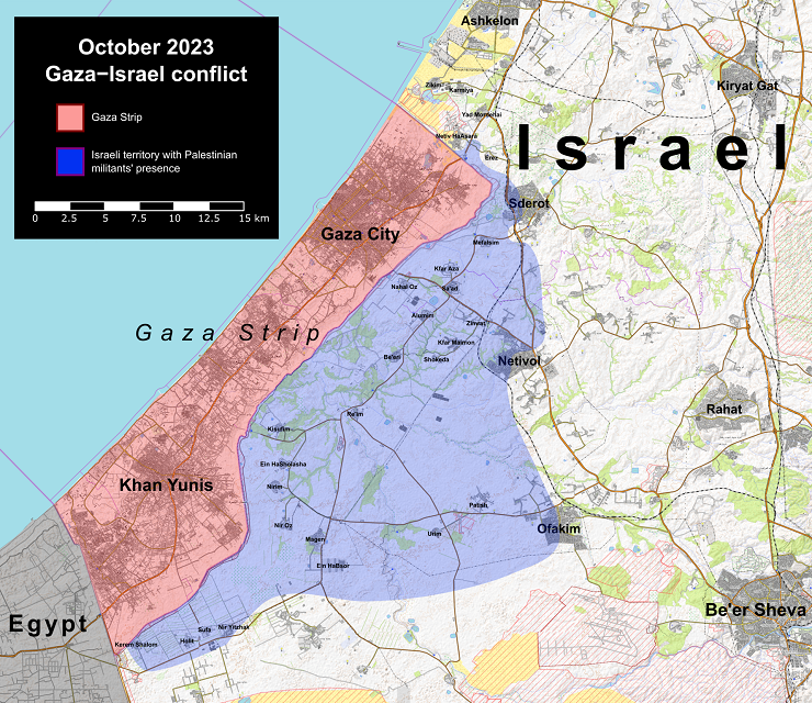 Vùng màu xanh là các khu vực lãnh thổ Israel có sự hiện diện của các tay súng Hamas.