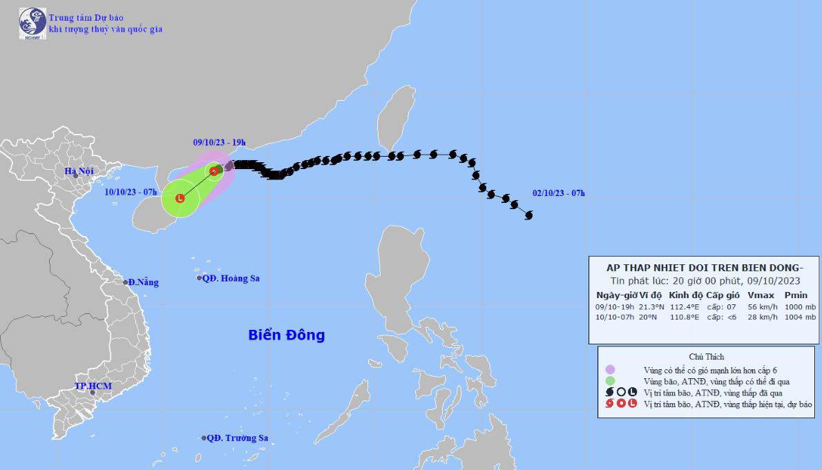 Vị trí và hướng di chuyển tiếp theo của áp thấp nhiệt đới suy yếu từ bão số 4. (Ảnh: Trung tâm Dự báo KTTVQG)