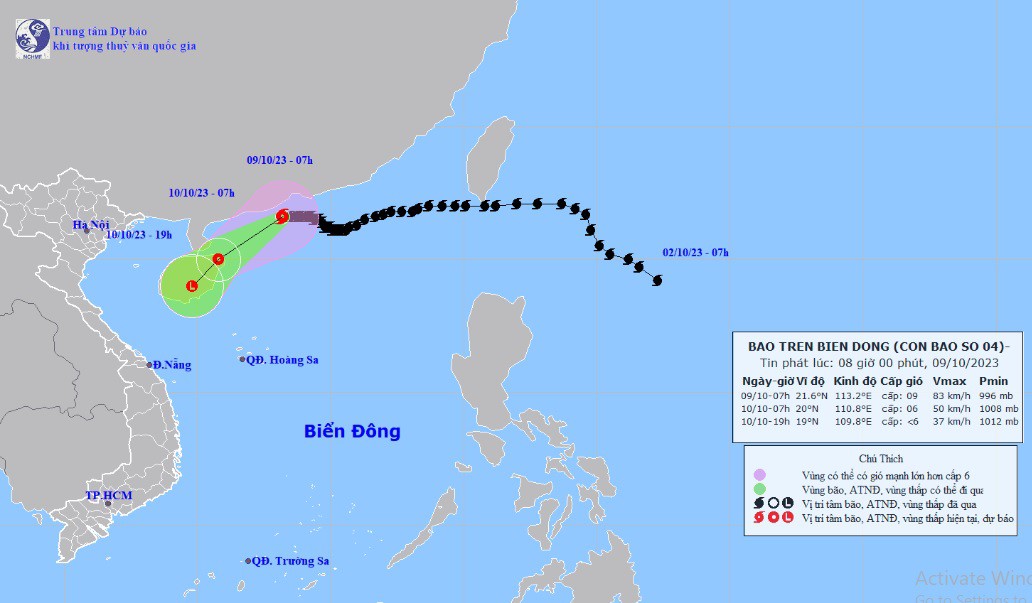Vị trí và hướng di chuyển tiếp theo của bão số 4 Koinu (Ảnh: Trung tâm Dự báo KTTVQG)
