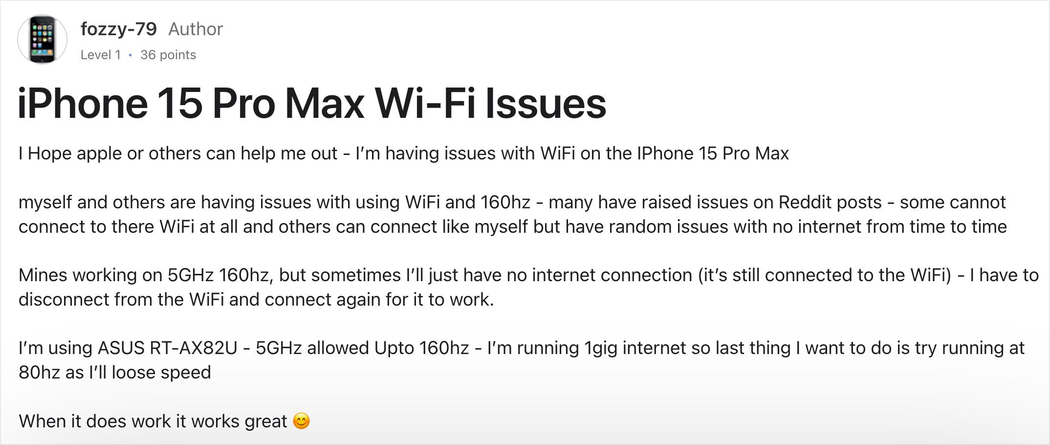 Người dùng than phiền iPhone bị lỗi WiFi trên diễn đàn của Apple. Ảnh: TIỂU MINH